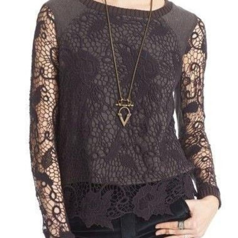 Free People Pretty Rad Lace Split Back Sweater Sz S Gray Crochet - Picture 2 of 16